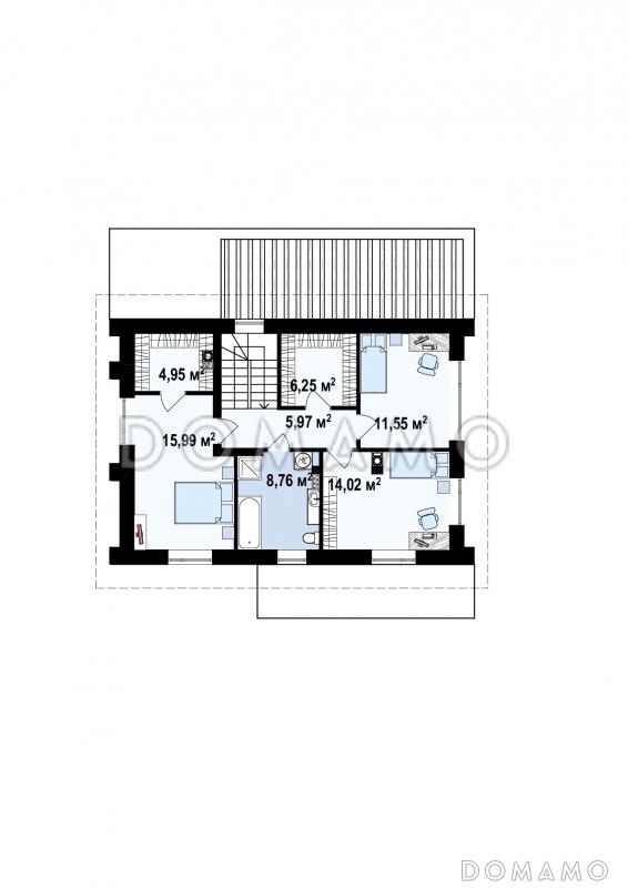 Проект современного двухэтажного дома из кирпича с четырьмя комнатами и уютной частично крытой террасой / План 2 этажа