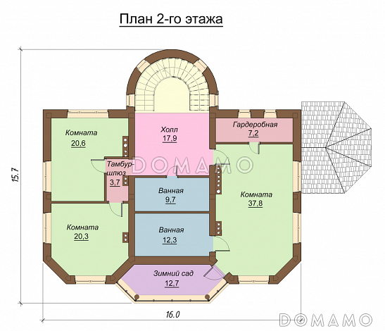Проект  двухэтажного коттеджа с мансардой, бассейном и кинотеатром / План 2 этажа