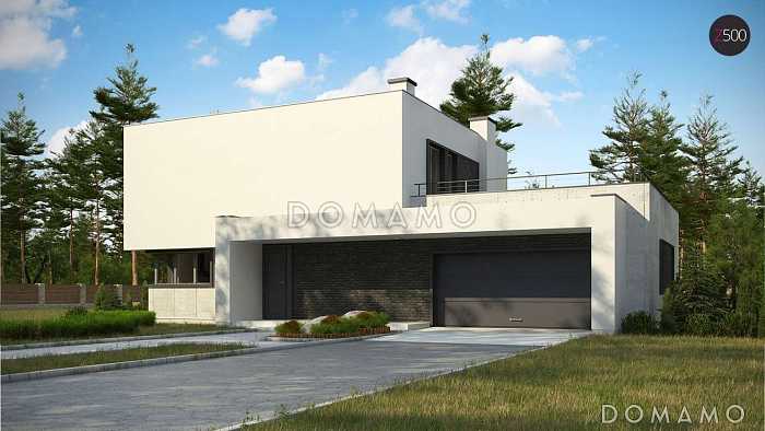 Проект современного двухэтажного дома из газобетона с плоской крышей с гаражом для двух автомобилей и террасами на обоих уровнях