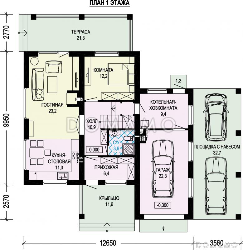 Проект двухэтажного дома с гаражом и навесом для автомобилей / План 1 этажа