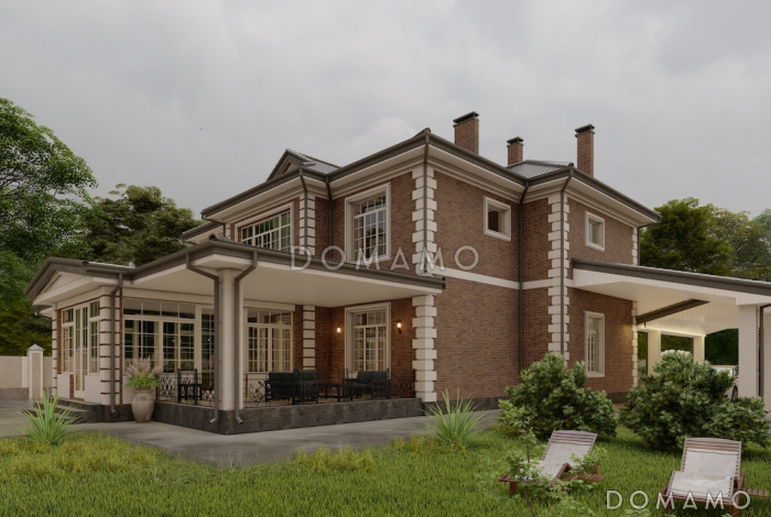 Проект двухэтажного дома из газобетона с пристроенным навесом, верандой и камином