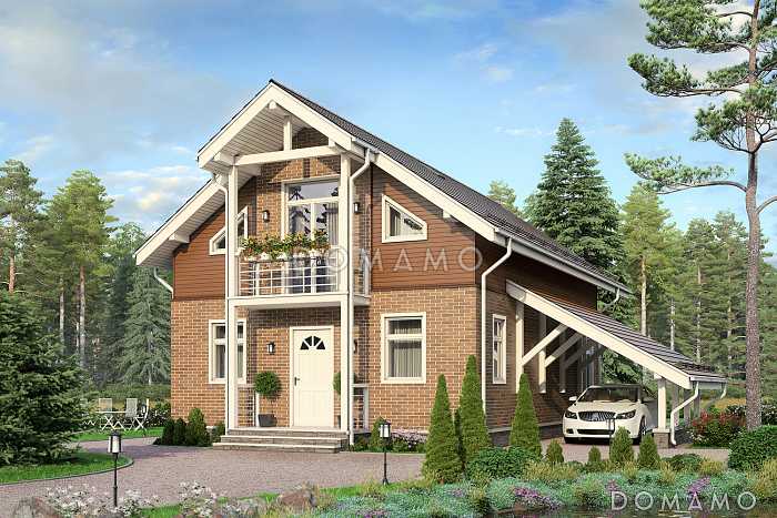 Коттедж с мансардным этажом и пристроенным навесом для машины