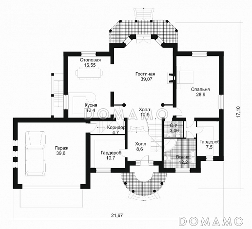 Проект дома с большим круглым эркером / План 1 этажа