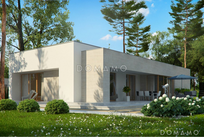 Проект одноэтажного дома из кирпича с плоской крышей, с угловым остеклением гостиной