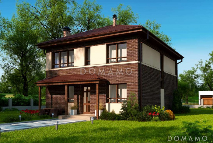 Проект современного двухэтажного дома из кирпича с четырьмя спальнями и кабинетом, без гаража