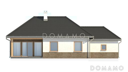 Проект одноэтажного дома из газобетона адаптированного для сейсмозоны с тремя спальнями, угловым окном в кухне и гаражом / Фасад 3