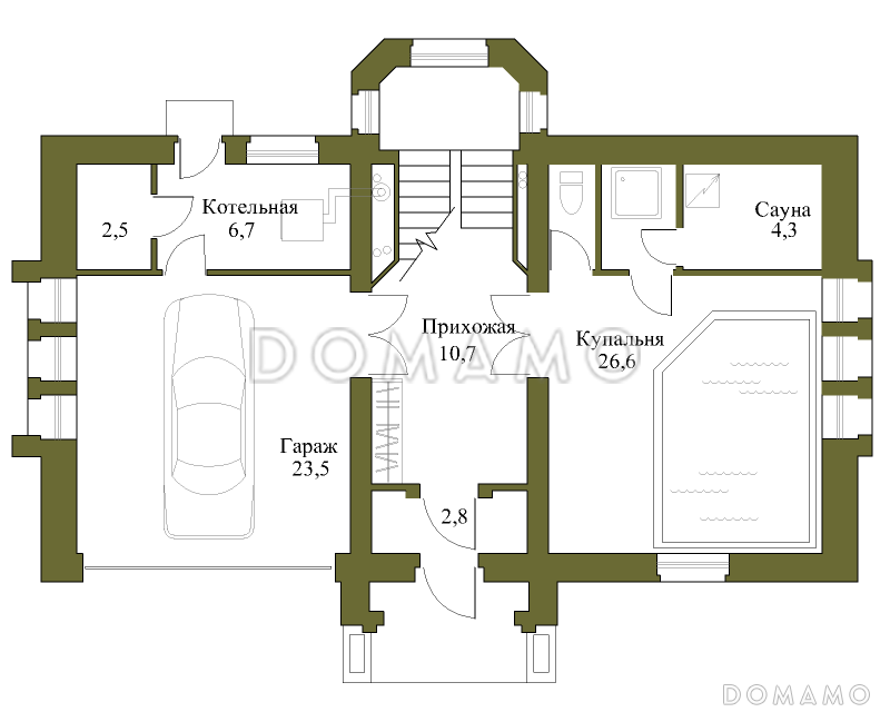 Проект просторного коттеджа с гаражом и сауной / План 1 этажа