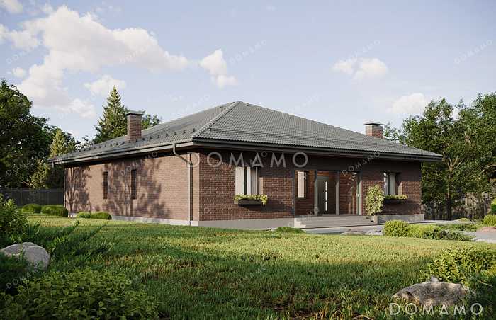 Проект большого одноэтажного дома с просторной зоной кухни-гостиной, крытой террасой, выделенной мастер-спальней и кабинетом