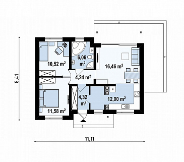 Проект компактного одноэтажного дома небольшой площади из газобетона с двумя спальнями  / План 1 этажа