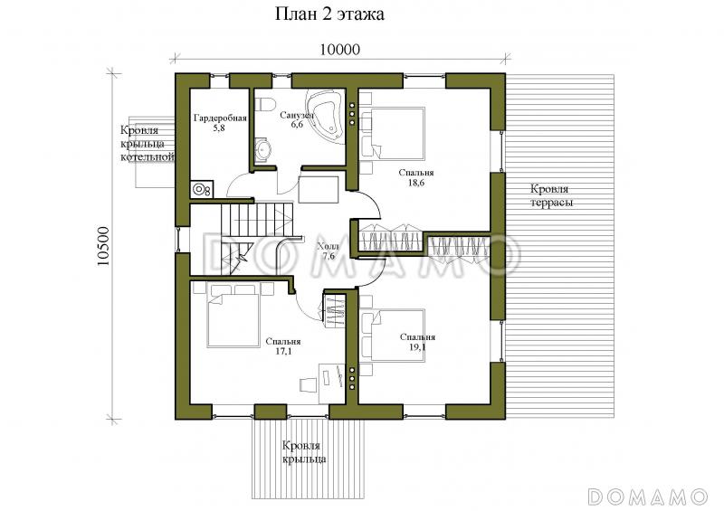 Проект двухэтажного дома с четырьмя спальнями, просторными верандой и гостиной / План 2 этажа