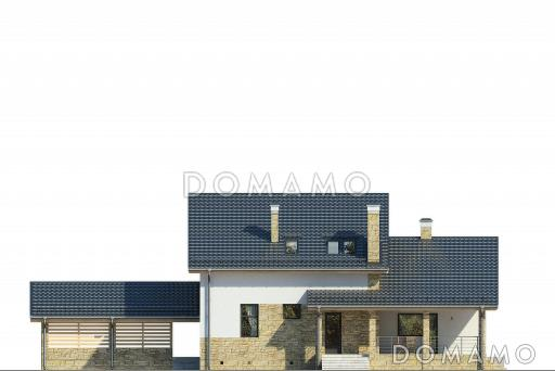 Проект загородного дома с навесом на две машины, двумя спальнями на первом этаже, террасой, вторым светом / Фасад 3