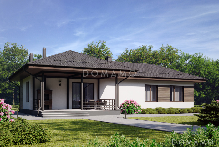 Проект одноэтажного газобетонного дома с барбекю на террасе и двумя спальнями