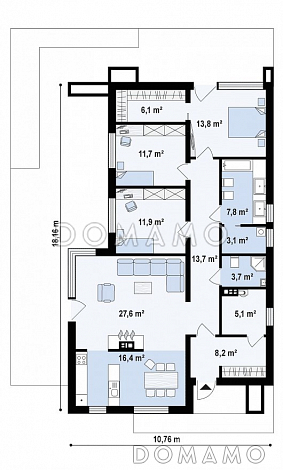Проект одноэтажного дома из кирпича с плоской крышей, с угловым остеклением гостиной / План 1 этажа