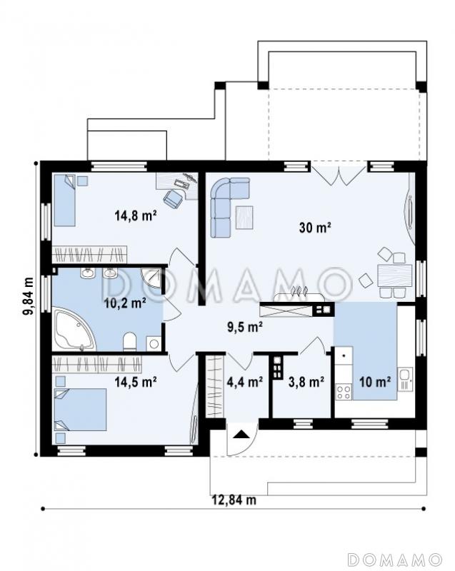 Проект одноэтажного дома из кирпича с современными элементами дизайна, с двумя спальнями и просторной дневной зоной / План 1 этажа