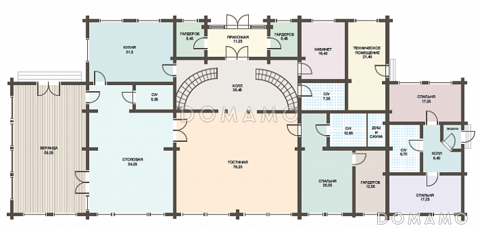 Проект двухэтажного дома из клееного бруса с колоннами и большой верандой / План 1 этажа