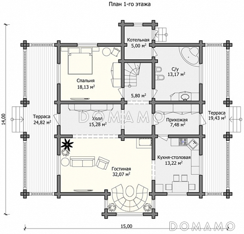 Проект большого дома с двумя просторными террасами / План 1 этажа