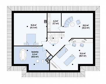 Проект классического мансардного дома из газобетона с необычной планировкой второго этажа / План мансардного этажа