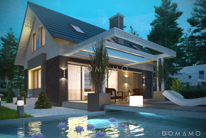 Проект компактного одноэтажного дома из газобетона с ночной зоной на мансардном этаже и с гаражом 