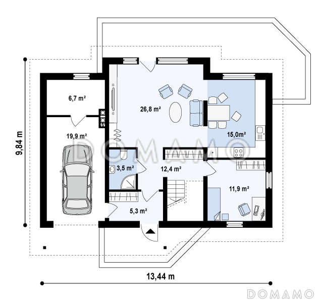 Проект одноэтажного мансардного дома из кирпича с четырьмя спальнями и встроенным гаражом / План 1 этажа