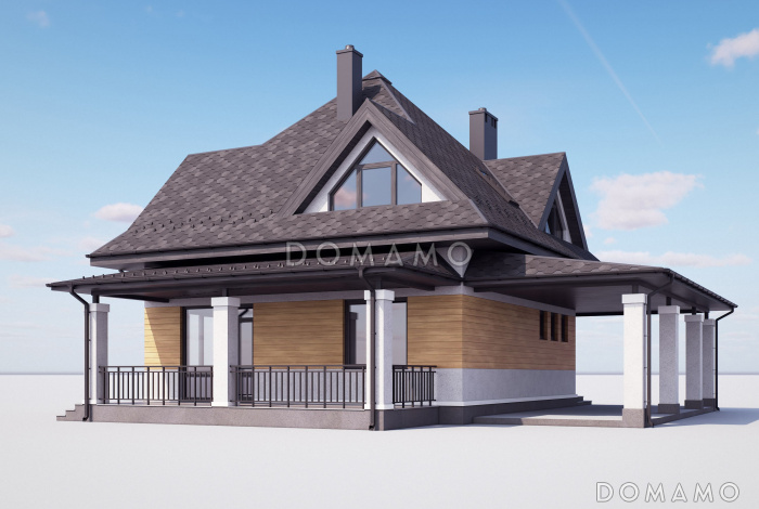 Проект дома с навесом на 2 машины, гостевой комнатой внизу и тремя спальнями наверху