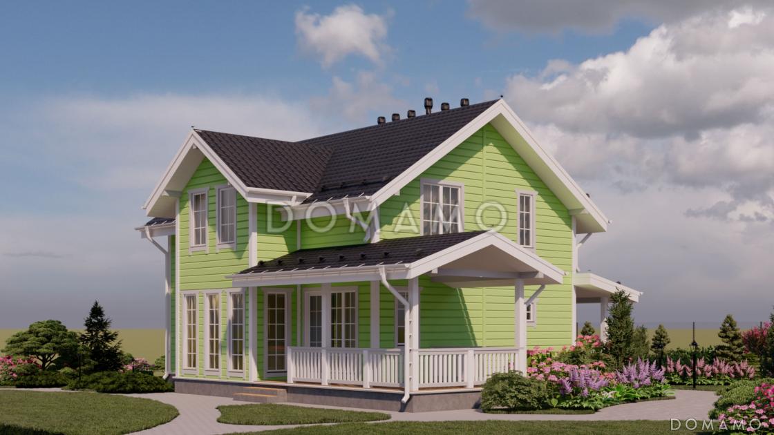 Проект каркасного дома с мансардой, 5 спальнями, гостиной-столовой и крытой террасой / 1