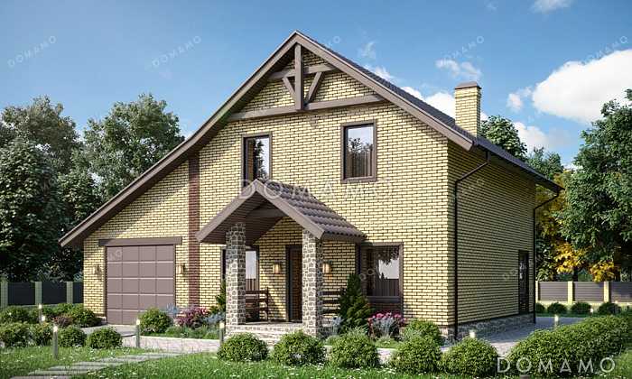 Проект дома с гаражом, тремя спальнями на мансарде и широким балконом