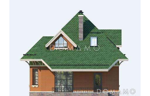 Проект дома из пеноблоков с отделкой из кирпича и зеленой шатровой крышей / Фасад 3