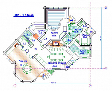 Проект бани с двухсветной гостиной / План 1 этажа