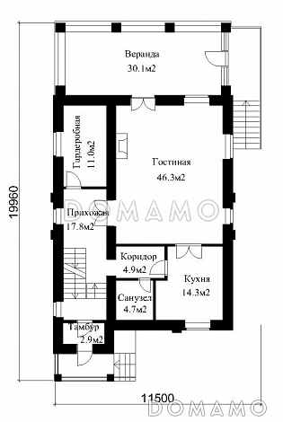 Проект большого кирпичного коттеджа с верандой, сауной и СПА-залом / План 1 этажа