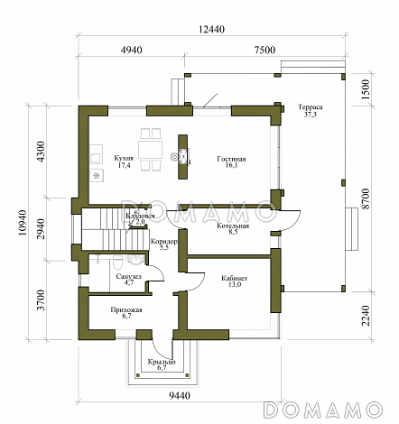 Проект двухэтажного дома из газобетона с 4 спальнями и кабинетом / План 1 этажа