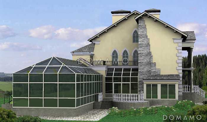 Проект загородного дома с пристроенным задним бассейна из светопрозрачных конструкций