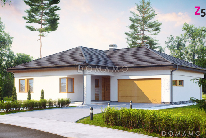 Проект одноэтажного дома из кирпича с дневной зоной в тыльной части дома и выходом на большую террасу и гаражом на два автомобиля