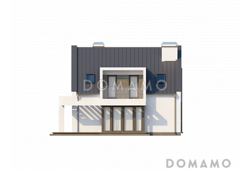 Проект просторного современного одноэтажного дома из кирпича  с мансардой, с двумя балконами в кровле и встроенным гаражом / Фасад 3