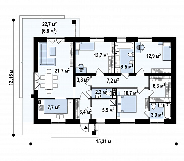 Проект одноэтажного дома простой формы с тремя спальнями,  изолированной кухней / План 1 этажа