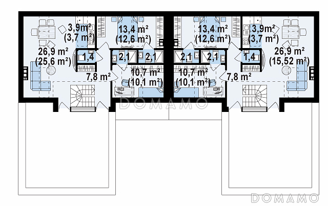 Проект современных мансардных домов-близнецов из кирпича с большим гаражом, открытой террасой на втором этаже и четырьмя спальнями / План мансардного этажа