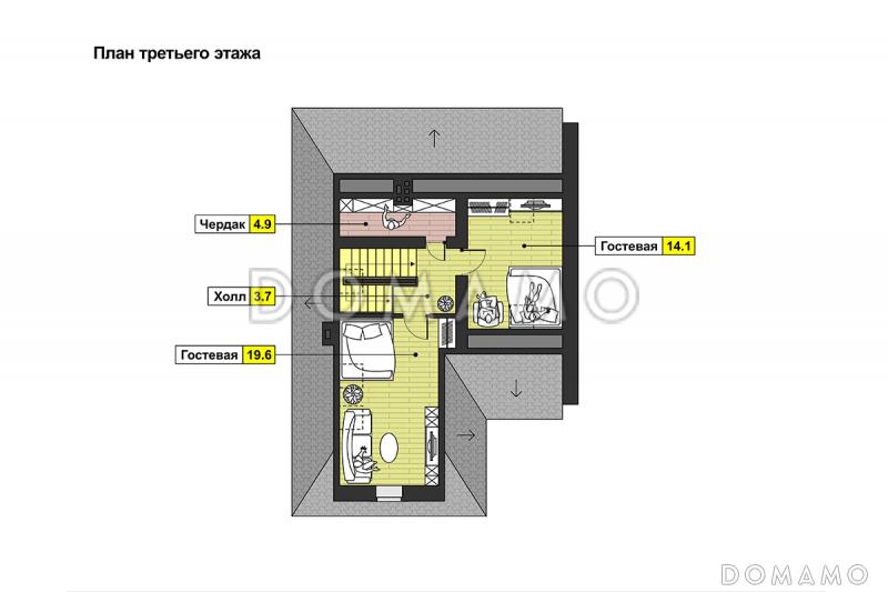 Проект дома с эркером, открытой террасой, балконом, гостиной с камином, гостевыми на мансардном этаже / План мансардного этажа