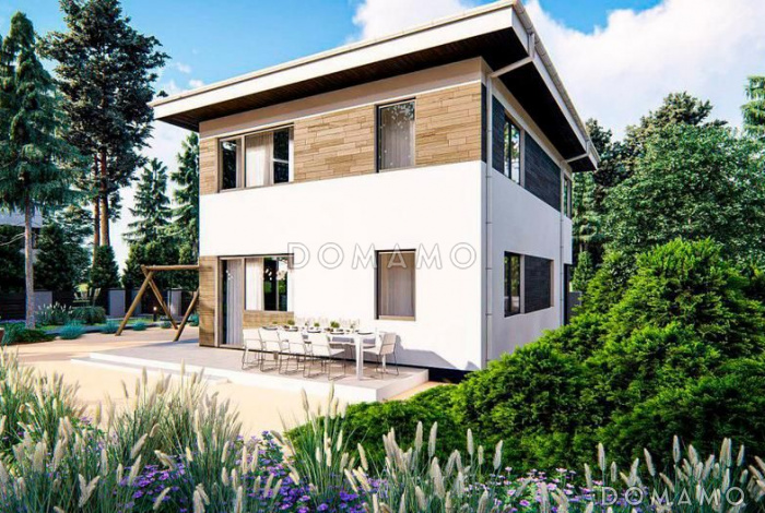 Проект двухэтажного дома с камином в гостиной, вытянутой кухонной зоной с окнами, санузлом с душевой на первом этаже