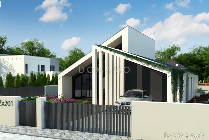 Проект современного одноэтажного дома из кирпича с тремя спальнями и просторной гостиной с панорамным остеклением