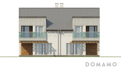 Проект компактных мансардных домов-близнецов из газобетона с изолированной кухней и тремя спальнями / Фасад 2