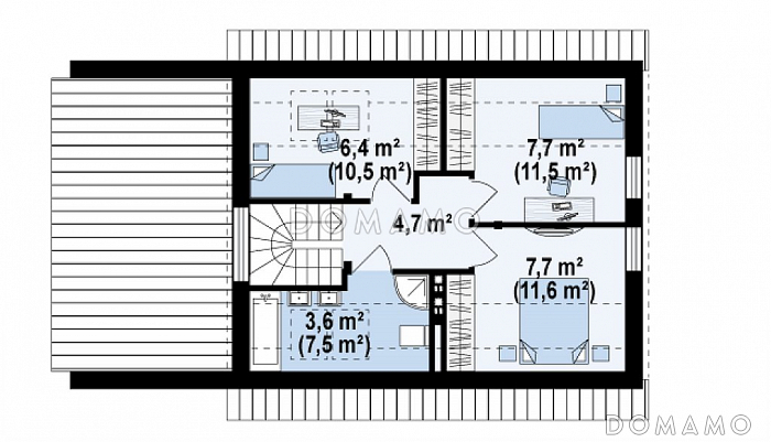 Проект компактного одноэтажного мансардного дома из кирпича с дополнительной спальней на первом этаже и гаражом / План мансардного этажа