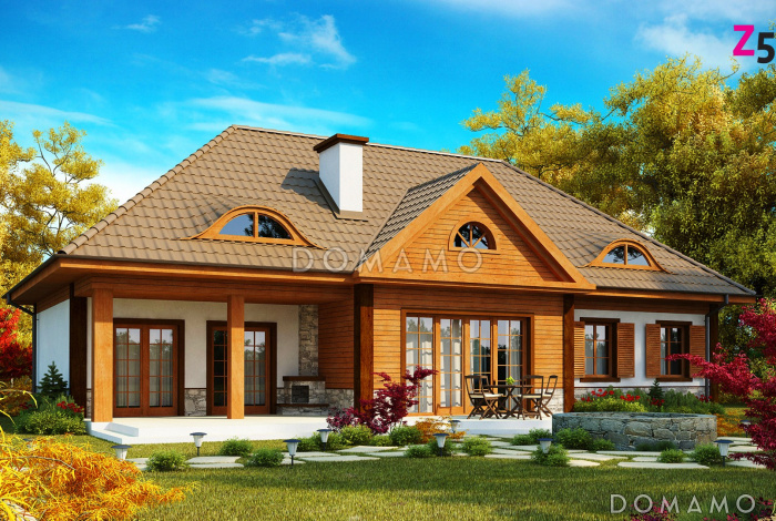 Проект просторного одноэтажного мансардного дома из газобетона с барбекю на крытой угловой террасе