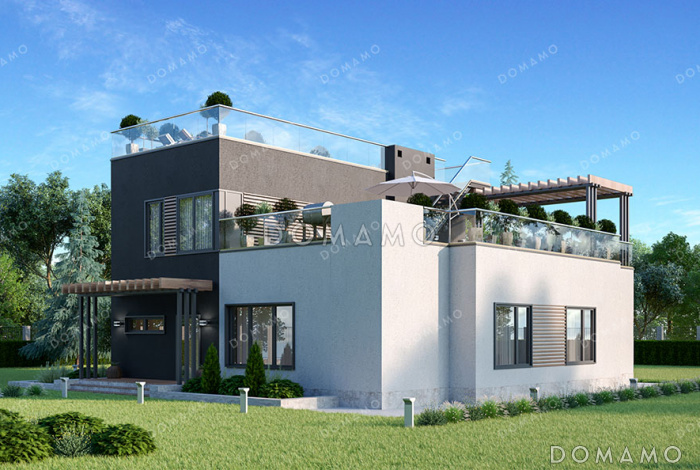 Проект двухэтажной виллы с эксплуатируемой крышей и террасами на втором этаже