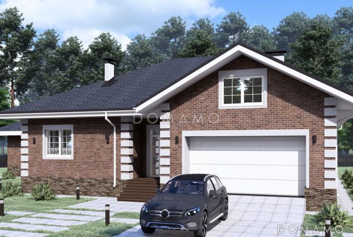 Проект одноэтажного дома с гаражом и отдельно стоящей баней S-257