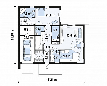 Проект современного двухэтажного дома из кирпича в стиле модерн, с террасой на втором уровне, с гаражом / План 1 этажа