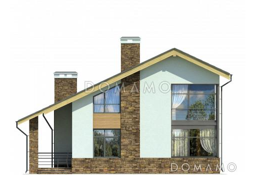 Проект загородного дома с панорамным окном в гостиной и спальне на мансардном этаже, крытой террасой с выходом из кухни-столовой, спальней на первом этаже / Фасад 4