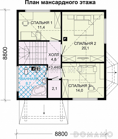 Проект дома из бруса с тремя спальными комнатами на мансардном этаже / План мансардного этажа