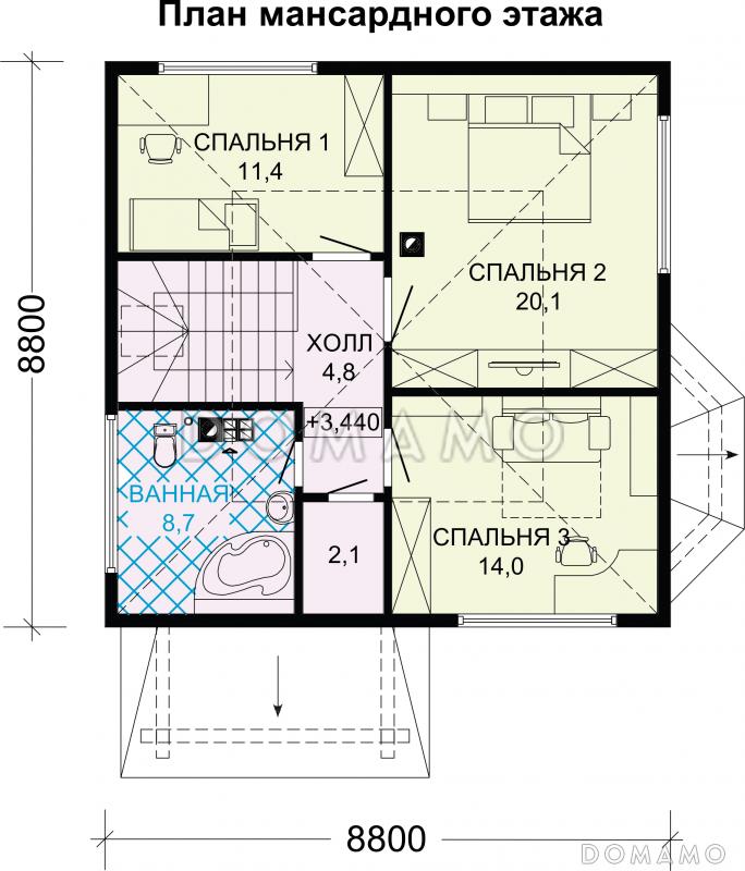 Проект дома из бруса с тремя спальными комнатами на мансардном этаже / План мансардного этажа