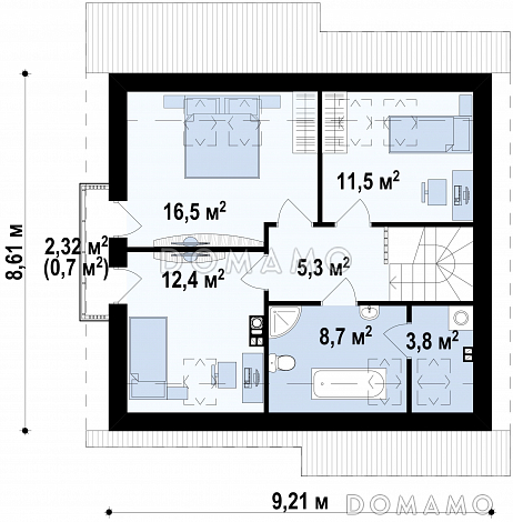 Проект мансардного дома из кирпича с кабинетом, тремя спальнями и балконом / План мансардного этажа
