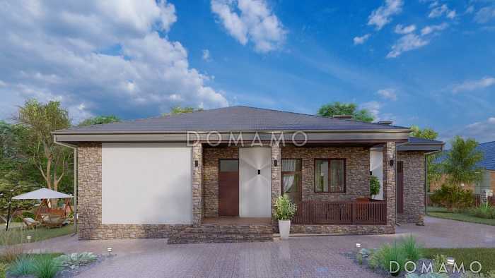 Проект одноэтажного коттеджа с сауной и крытой террасой