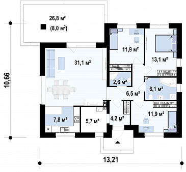 Проект компактного дома из газобетона с 3 спальнями, просторной гостиной и открытой террасой / План 1 этажа